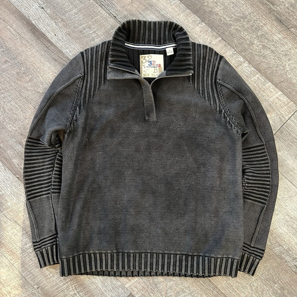 32 Bar Blues Sweater Mens Medium Quarter Zip Grey Knit Ribbed Elbow Patch EUC